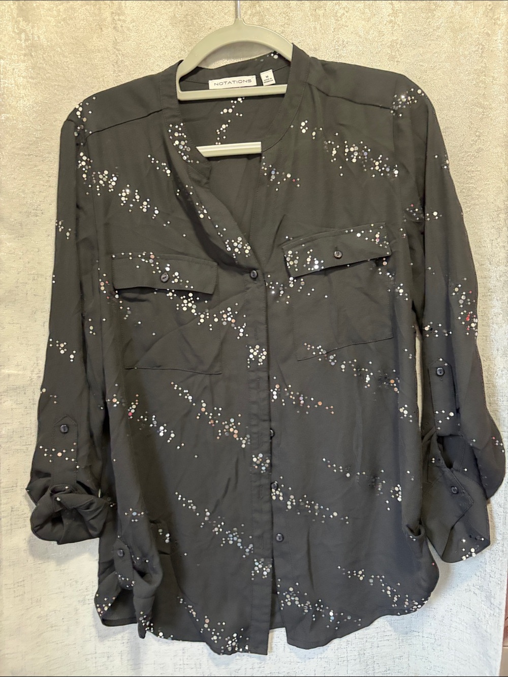 Notations Black Button-Front Shirt with Scattered Dot Print M